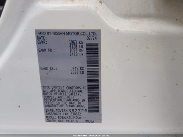 1N4BL4DV1RN387726 Nissan Altima Sv Fwd