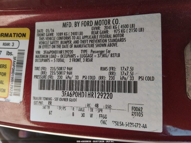 Aukcja sprzedaży 2017 Ford Fusion Se, vin: 3FA6P0HD1HR129220, numer aukcji: 45059936