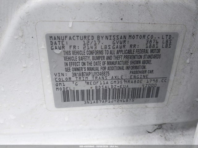 45059945 :رقم المزاد ، 3N1AB7AP1JY246875 vin ، 2018 Nissan Sentra Sv مزاد بيع