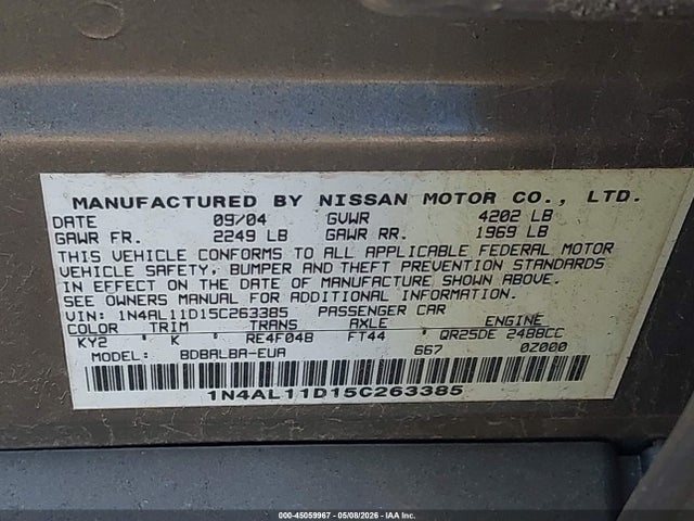 Aukcja sprzedaży 2005 Nissan Altima 2.5 S, vin: 1N4AL11D15C263385, numer aukcji: 45059967