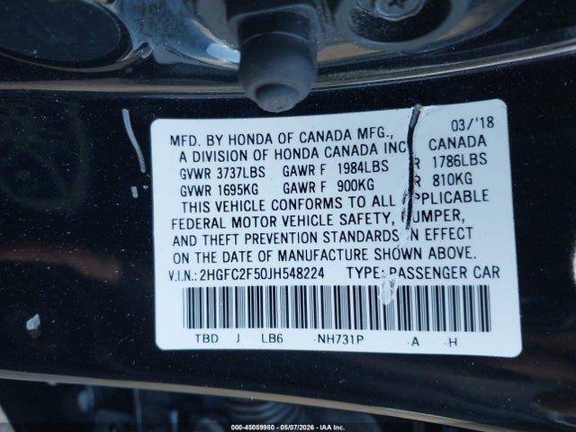 Aukcja sprzedaży 2018 Honda Civic Lx, vin: 2HGFC2F50JH548224, numer aukcji: 45059980