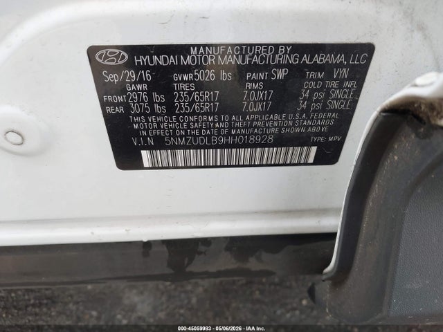 2017 Hyundai Santa Fe Sport 2.4l მანქანა იყიდება აუქციონზე, vin: 5NMZUDLB9HH018928, აუქციონის ნომერი: 45059983