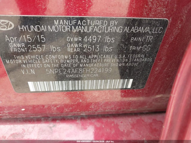 Продаж на аукціоні авто 2015 Hyundai Sonata Se, vin: 5NPE24AF8FH224199, номер лоту: 45059991