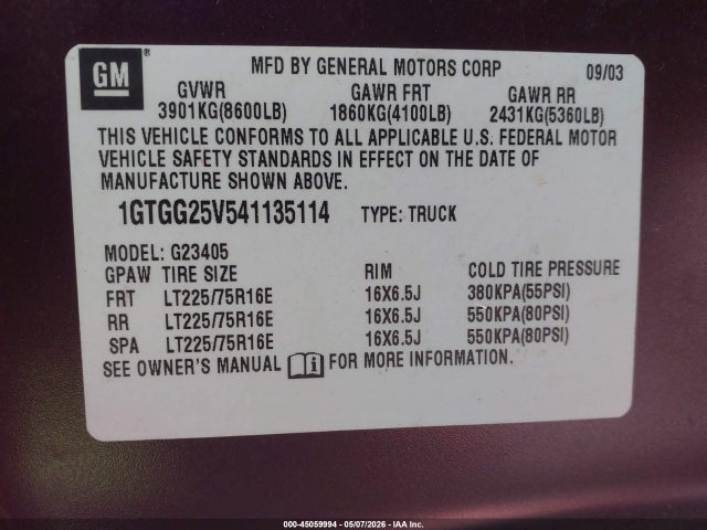 2004 Gmc Savana Standard მანქანა იყიდება აუქციონზე, vin: 1GTGG25V541135114, აუქციონის ნომერი: 45059994