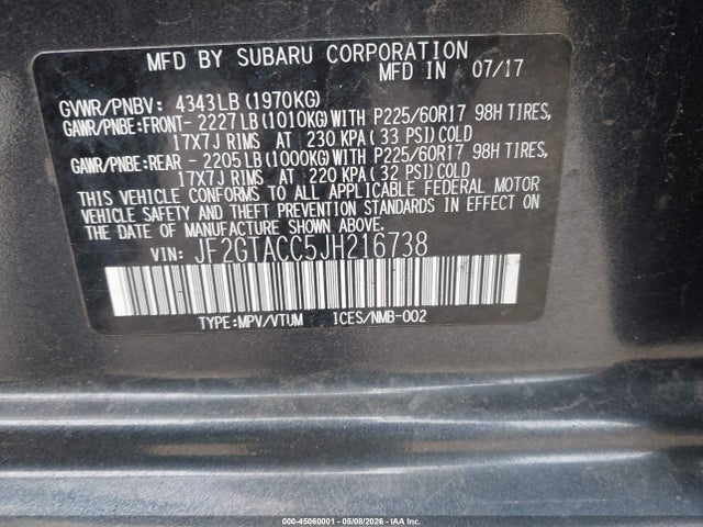 45060001 :رقم المزاد ، JF2GTACC5JH216738 vin ، 2018 Subaru Crosstrek 2.0i Premium مزاد بيع