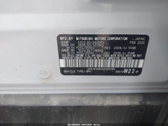 45060003 :رقم المزاد ، JA4J4VA8XSZ022090 vin ، 2025 Mitsubishi Outlander Se 2.5 S-awc/trail Edition S-awc مزاد بيع