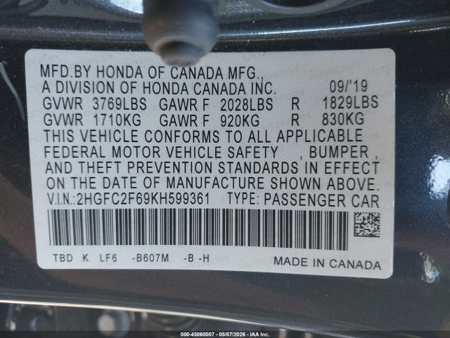 Продаж на аукціоні авто 2019 Honda Civic Lx, vin: 2HGFC2F69KH599361, номер лоту: 45060007