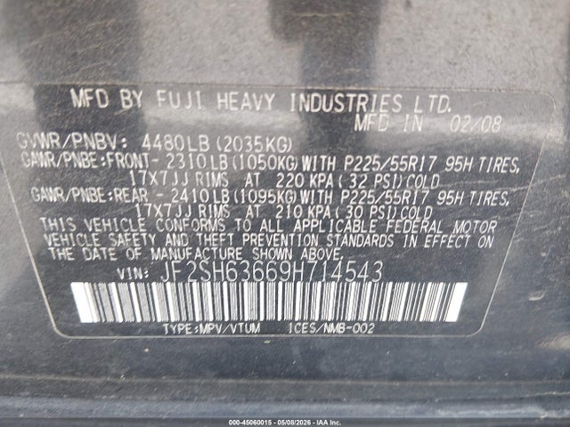 2009 Subaru Forester 2.5x მანქანა იყიდება აუქციონზე, vin: JF2SH63669H714543, აუქციონის ნომერი: 45060015