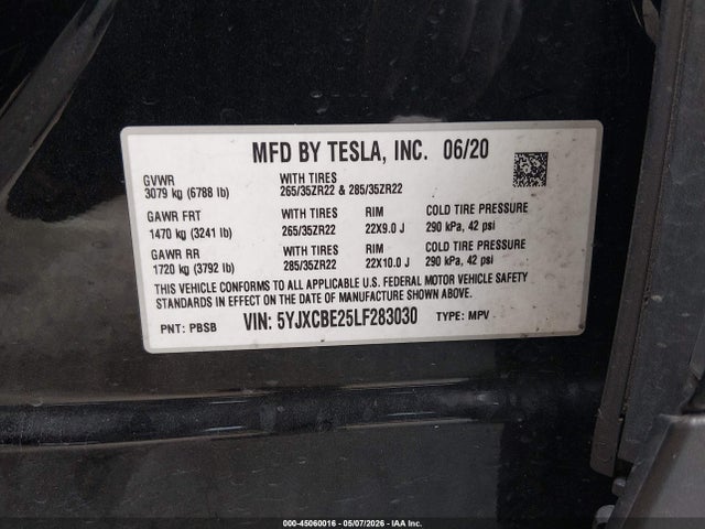 2020 Tesla Model X Long Range Dual Motor All-wheel Drive/long Range Plus Dual Motor All-wheel Drive მანქანა იყიდება აუქციონზე, vin: 5YJXCBE25LF283030, აუქციონის ნომერი: 45060016