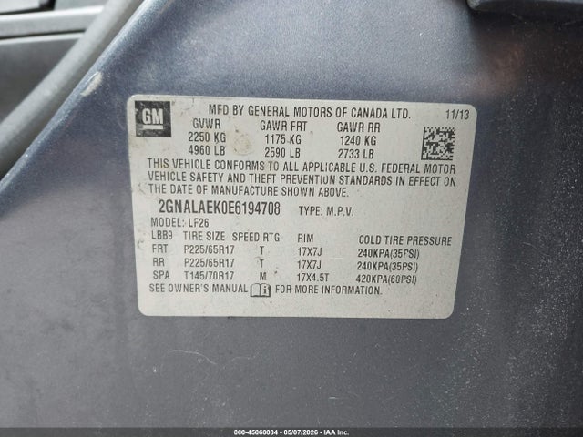 2014 Chevrolet Equinox Ls მანქანა იყიდება აუქციონზე, vin: 2GNALAEK0E6194708, აუქციონის ნომერი: 45060034