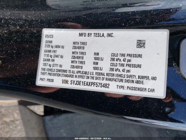 Aukcja sprzedaży 2023 Tesla Model 3 Rear-wheel Drive, vin: 5YJ3E1EAXPF575482, numer aukcji: 45060042
