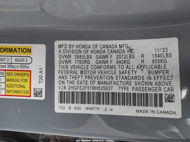 Honda Civic Sport 2024 2HGFE2F51RH525637 Image 9