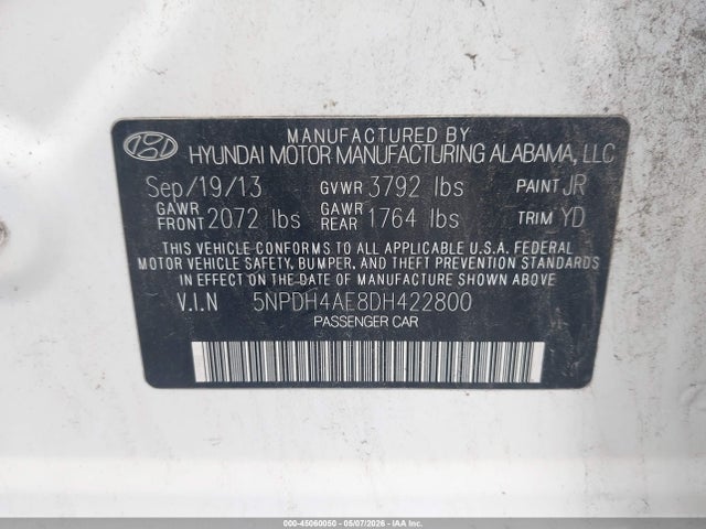 45060050 :رقم المزاد ، 5NPDH4AE8DH422800 vin ، 2013 Hyundai Elantra Gls مزاد بيع