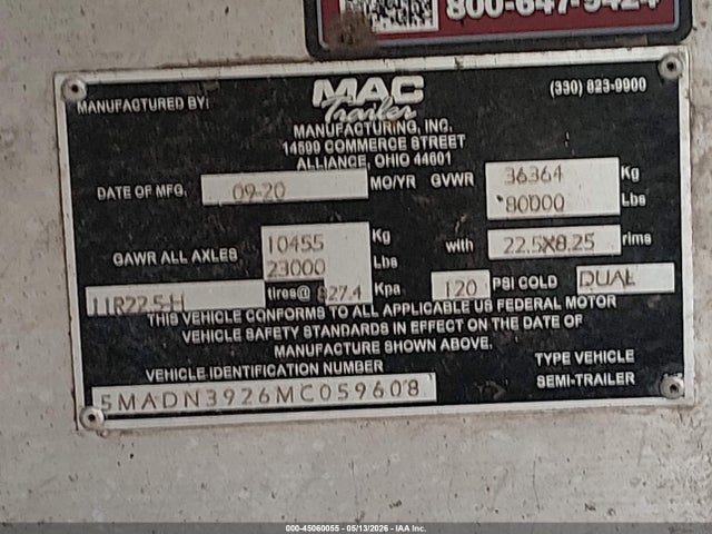2021 Mac Trailer Mfg Mac Trailer Mfg მანქანა იყიდება აუქციონზე, vin: 5MADN3926MC059608, აუქციონის ნომერი: 45060055