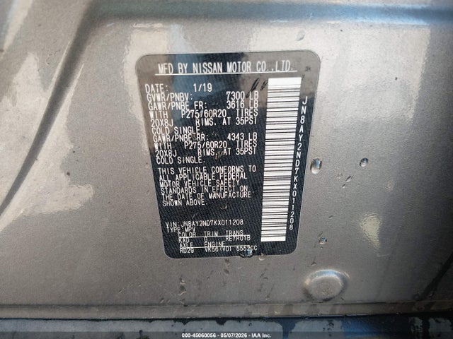 Aukcja sprzedaży 2019 Nissan Armada Sl, vin: JN8AY2ND7KX011208, numer aukcji: 45060056