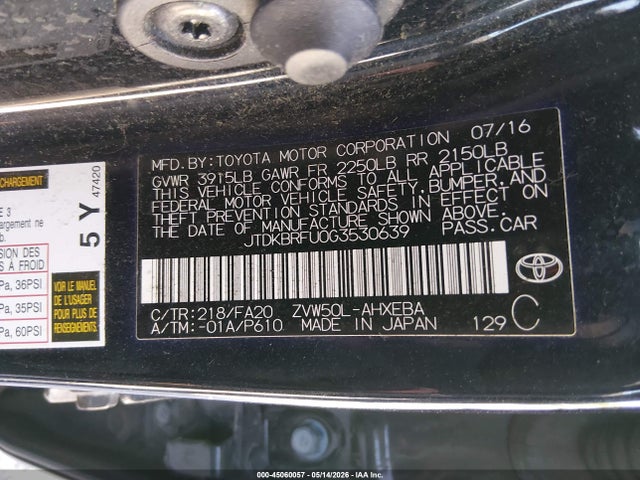 Aukcja sprzedaży 2016 Toyota Prius Two, vin: JTDKBRFU0G3530639, numer aukcji: 45060057