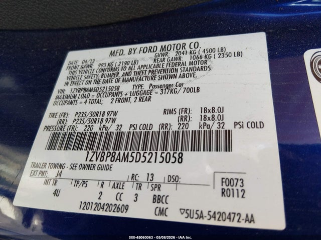 Aukcja sprzedaży 2013 Ford Mustang V6 Premium, vin: 1ZVBP8AM5D5215058, numer aukcji: 45060063