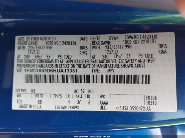 Продажа на аукционе авто 2017 Ford Escape Se, vin: 1FMCU0GD6HUA13331, номер лота: 45060066