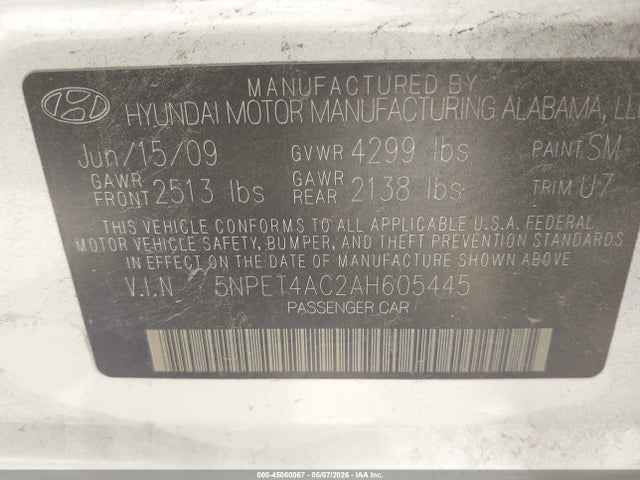 45060067 :رقم المزاد ، 5NPET4AC2AH605445 vin ، 2010 Hyundai Sonata Gls مزاد بيع