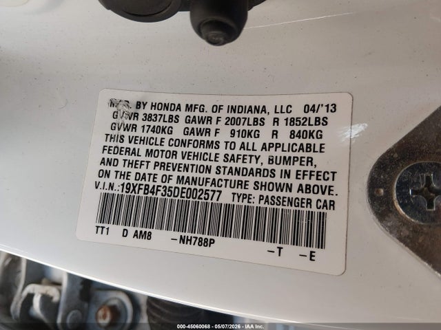 Продаж на аукціоні авто 2013 Honda Civic Hybrid, vin: 19XFB4F35DE002577, номер лоту: 45060068