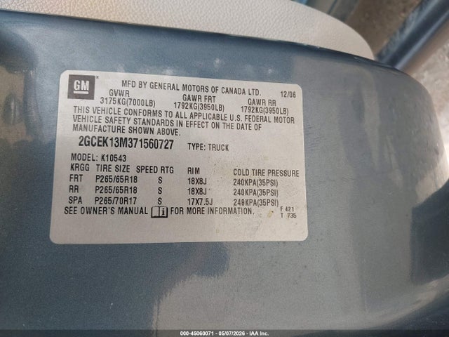 45060071 :رقم المزاد ، 2GCEK13M371560727 vin ، 2007 Chevrolet Silverado 1500 Ltz مزاد بيع
