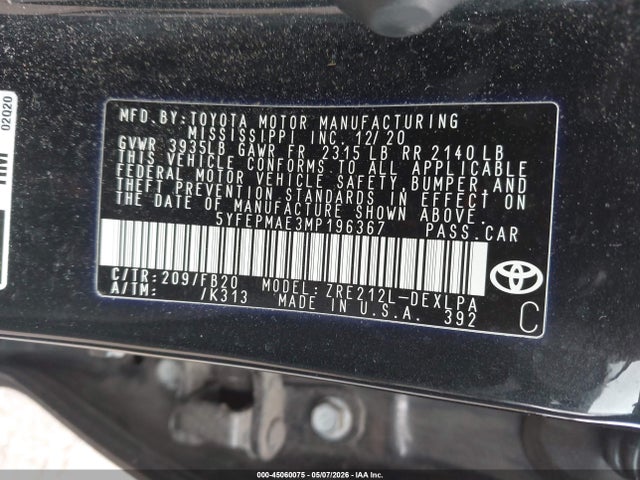 45060075 :رقم المزاد ، 5YFEPMAE3MP196367 vin ، 2021 Toyota Corolla Le مزاد بيع