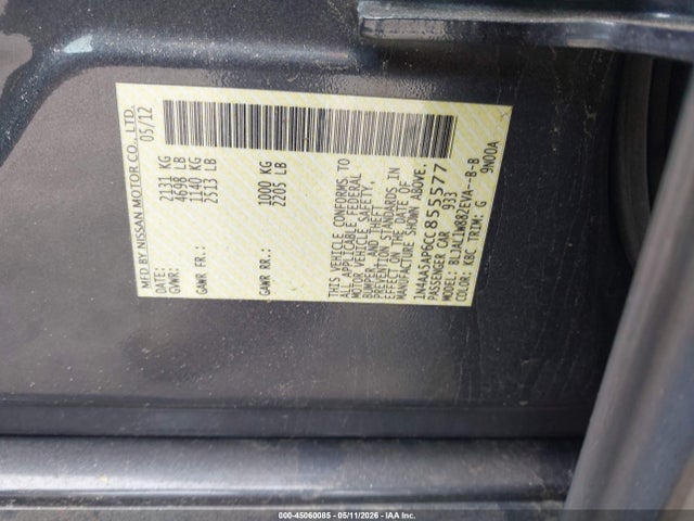 Aukcja sprzedaży 2012 Nissan Maxima 3.5 Sv, vin: 1N4AA5AP6CC855577, numer aukcji: 45060085