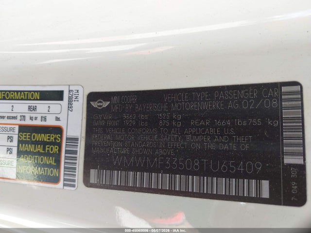 2008 Mini Cooper მანქანა იყიდება აუქციონზე, vin: WMWMF33508TU65409, აუქციონის ნომერი: 45060086