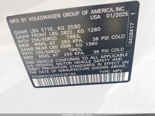 2025 Volkswagen Atlas 2.0t Se W/technology მანქანა იყიდება აუქციონზე, vin: 1V2WR2CA0SC528184, აუქციონის ნომერი: 45060092