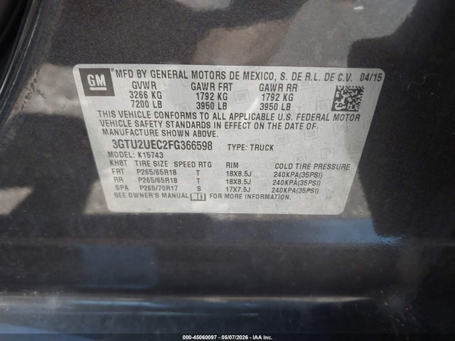 Продажа на аукционе авто 2015 Gmc Sierra 1500 Sle, vin: 3GTU2UEC2FG366598, номер лота: 45060097
