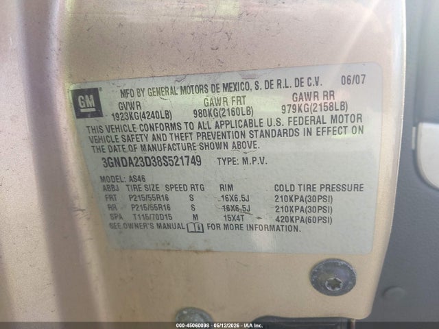 Продаж на аукціоні авто 2008 Chevrolet Hhr Lt, vin: 3GNDA23D38S521749, номер лоту: 45060098