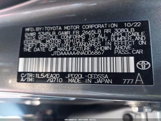 Aukcja sprzedaży 2022 Toyota Mirai Xle, vin: JTDAAAAA4NA006867, numer aukcji: 45060102