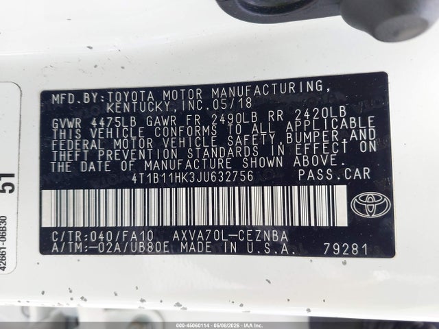 Продажа на аукционе авто 2018 Toyota Camry Le, vin: 4T1B11HK3JU632756, номер лота: 45060114