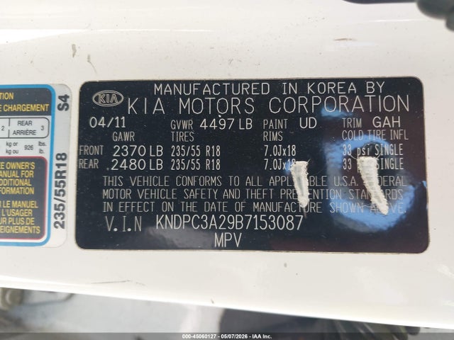 2011 Kia Sportage Ex მანქანა იყიდება აუქციონზე, vin: KNDPC3A29B7153087, აუქციონის ნომერი: 45060127