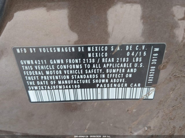 Aukcja sprzedaży 2015 Volkswagen Jetta 2.0l S, vin: 3VW2K7AJ9FM344190, numer aukcji: 45060129