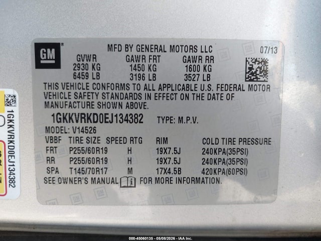 45060135 :رقم المزاد ، 1GKKVRKD0EJ134382 vin ، 2014 Gmc Acadia Slt-1 مزاد بيع