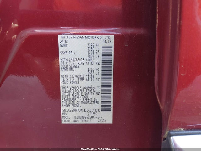 Продаж на аукціоні авто 2018 Nissan Murano Sl, vin: 5N1AZ2MH7JN152766, номер лоту: 45060139