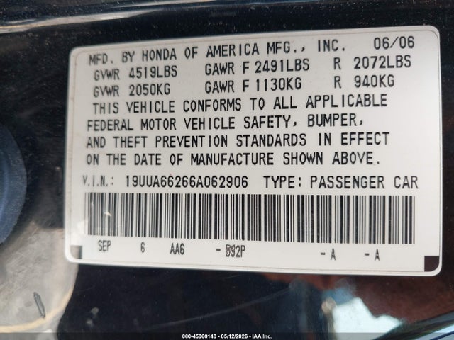 Aukcja sprzedaży 2006 Acura Tl, vin: 19UUA66266A062906, numer aukcji: 45060140
