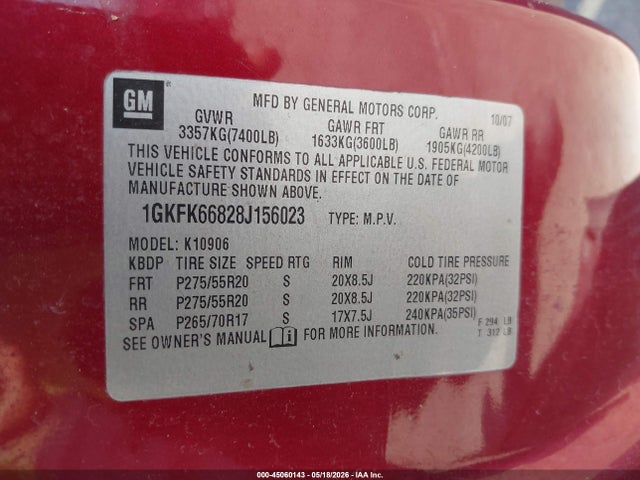 Aukcja sprzedaży 2008 Gmc Yukon Xl 1500 Denali, vin: 1GKFK66828J156023, numer aukcji: 45060143