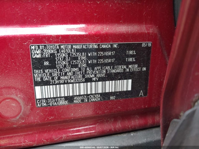 Aukcja sprzedaży 2019 Toyota Rav4 Le, vin: 2T3H1RFV1KW032056, numer aukcji: 45060144