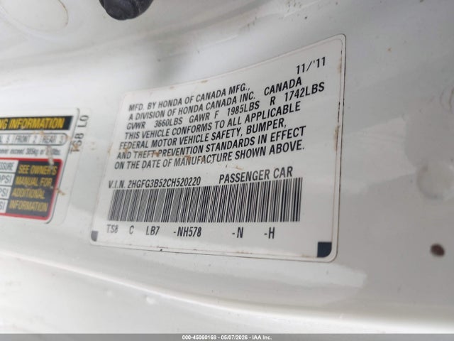 45060168 :رقم المزاد ، 2HGFG3B52CH520220 vin ، 2012 Honda Civic Lx مزاد بيع