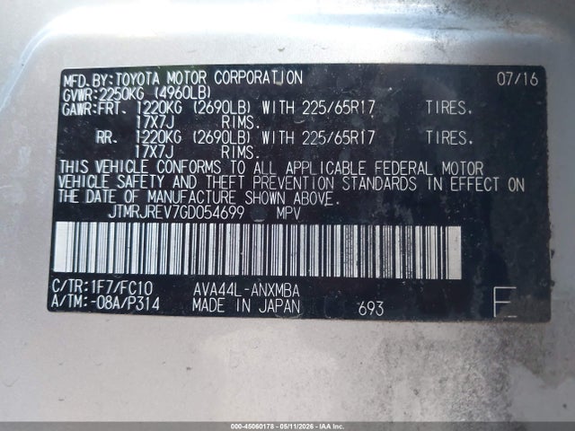 45060178 :رقم المزاد ، JTMRJREV7GD054699 vin ، 2016 Toyota Rav4 Hybrid Xle مزاد بيع