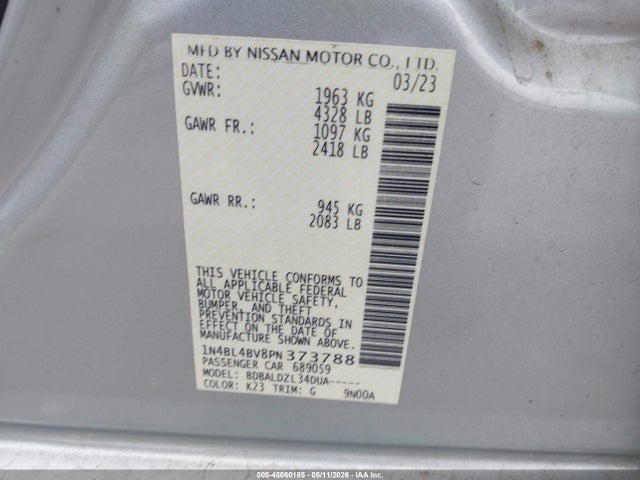 Продаж на аукціоні авто 2023 Nissan Altima S Fwd, vin: 1N4BL4BV8PN373788, номер лоту: 45060185