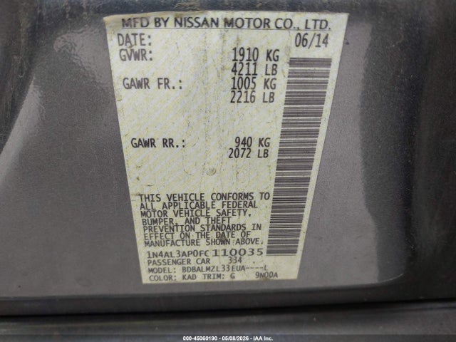 45060190 :رقم المزاد ، 1N4AL3AP0FC110035 vin ، 2015 Nissan Altima 2.5 Sv مزاد بيع