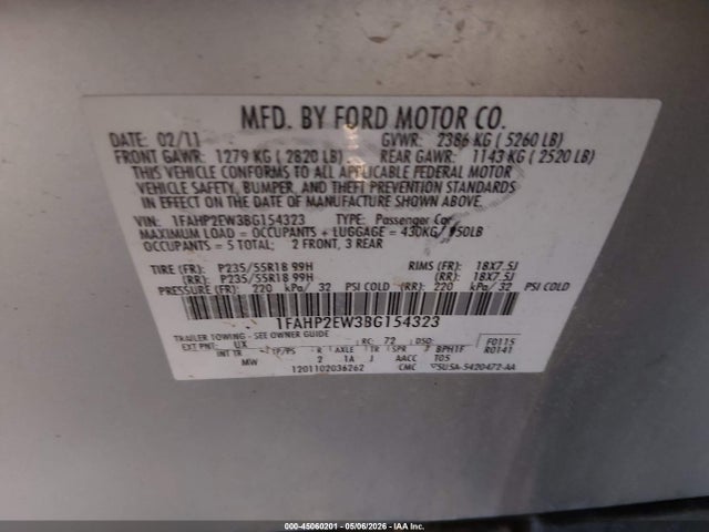 45060201 :رقم المزاد ، 1FAHP2EW3BG154323 vin ، 2011 Ford Taurus Sel مزاد بيع