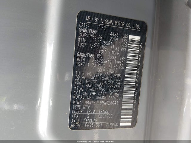 Auction sale of the 2021 Nissan Rogue Sl Fwd, vin: JN8AT3CA9MW026041, lot number: 45060207