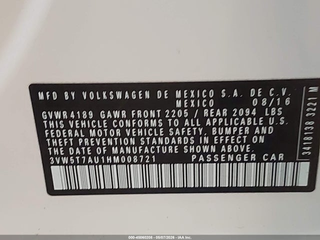 45060208 :رقم المزاد ، 3VW5T7AU1HM008721 vin ، 2017 Volkswagen Golf Gti S 4-door مزاد بيع