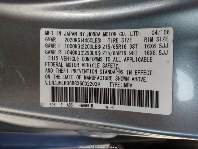 Auction sale of the 2006 Honda Cr-v Ex, vin: JHLRD688X6C022039, lot number: 45060209