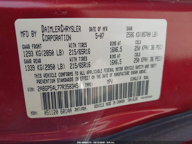 2007 Chrysler Town & Country Touring მანქანა იყიდება აუქციონზე, vin: 2A8GP54L77R358345, აუქციონის ნომერი: 45060210