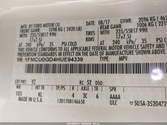 45060213 :رقم المزاد ، 1FMCU0GD4HUE94339 vin ، 2017 Ford Escape Se مزاد بيع